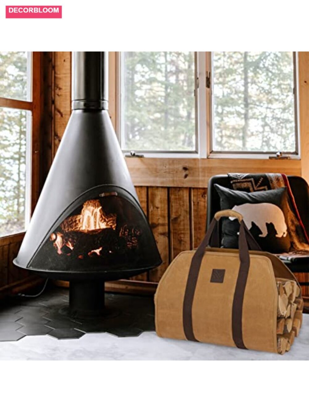 Waxed Canvas Firewood Carrier Bag with Padded Handle, Foldable Log Tote - Picture 3 of 6
